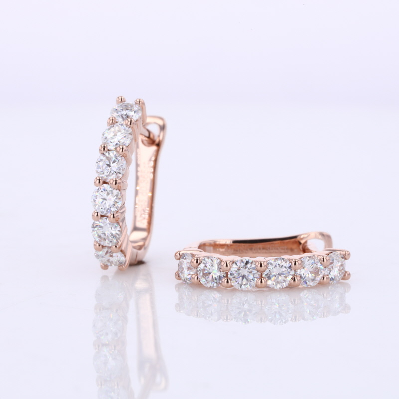 2.5mm Round Brilliant Cut Moissanite Hinged Snap Back 14K Rose Gold Hoop Diamond Earrings