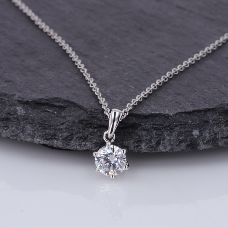 5mm Round Brilliant Cut Lab Grown Diamond 6 Prongs Accent Basket Set 18K White Gold Pendant Necklace