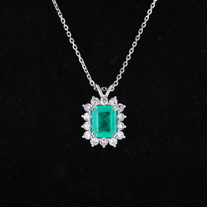 7×9mm Octagon Emerald Cut Lab Grown Emerald Halo Set 14K White Gold Diamond Pendant Necklace