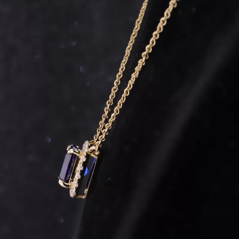 8×8mm Cushion Cut Lab Grown Sapphire Halo Set 14K Yellow Gold Diamond Pendant Necklace