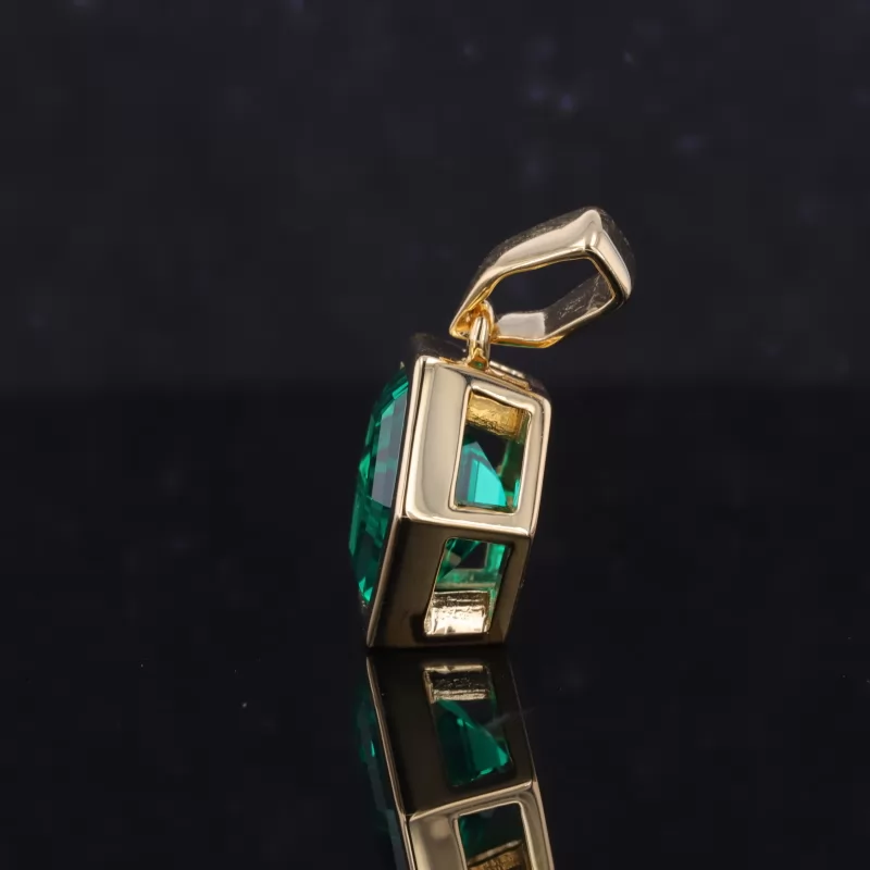 10×10mm Hexagonal Shape Lab Grown Emerald Bezel Set 18K Yellow Gold Diamond Pendant