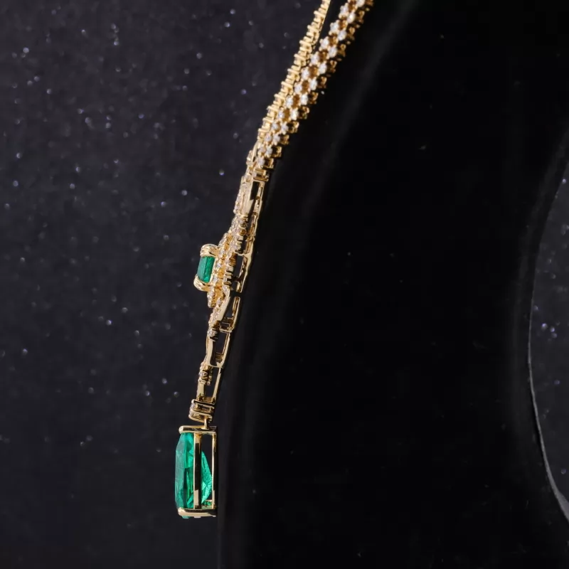 10×16mm Pear Cut Lab Grown Emerald 18K Yellow Gold Diamond Pendant Necklace