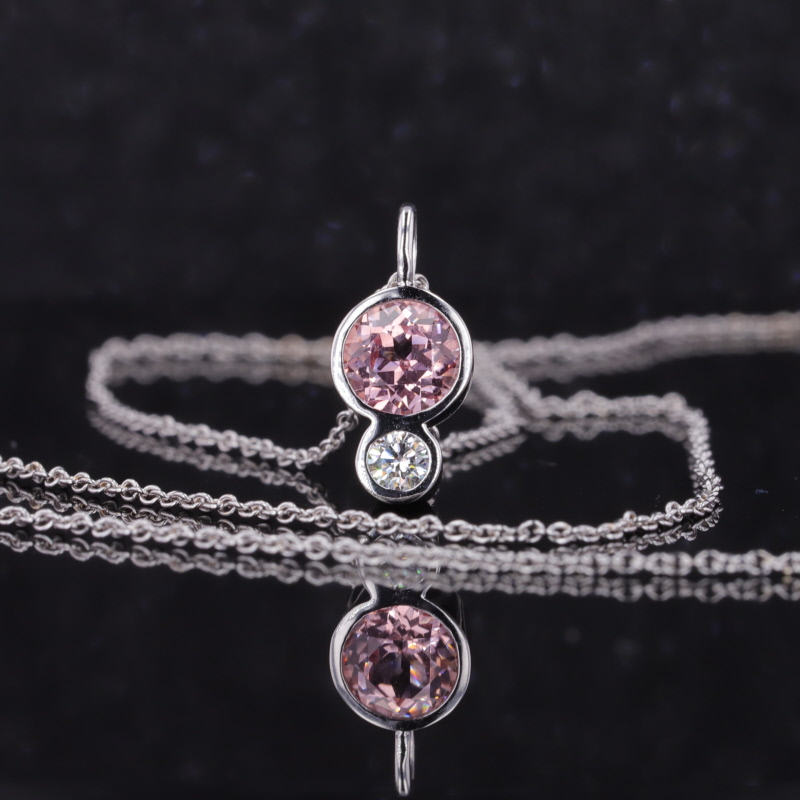 5mm Round Brilliant Cut Lab Grown Sukura Pink Sapphire Bezel Set 14K White Gold Diamond Pendant Necklace