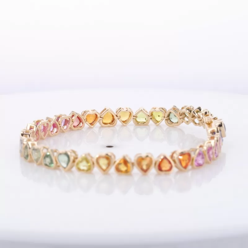 4×4mm Heart Cut Colours Lab Gemstones Bezel Set 14K Gold Rainbow Tennis Bracelet