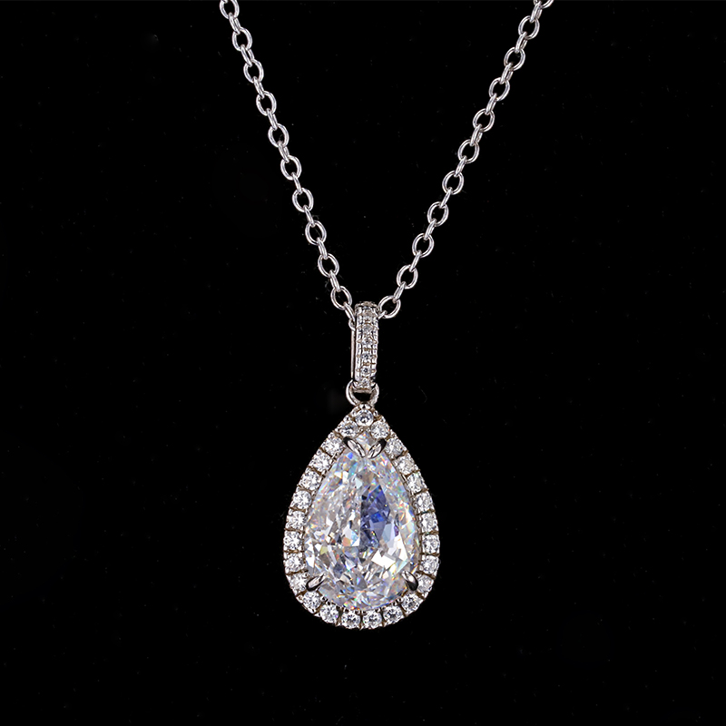 8×12.5mm Pear Shape Crushed Ice Cut White Cubic Zirconia Halo Set S925 Sterling Silver Diamond Pendant Necklace