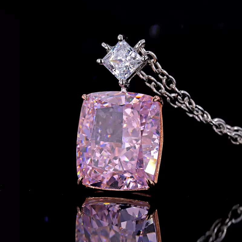 9×11mm Cushion Shape Crushed Ice Cut Pink Cubic Zirconia S925 Sterling Silver Diamond Pendant Necklace