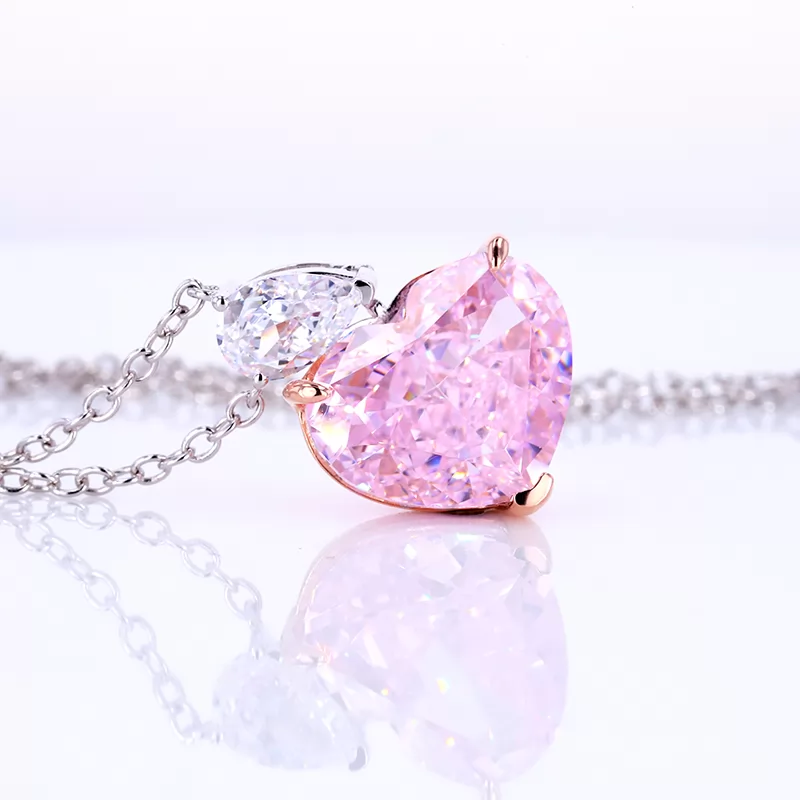 9×12.7mm Heart Shape Crushed Ice Cut Pink Cubic Zirconia S925 Sterling Silver Diamond Pendant Necklace
