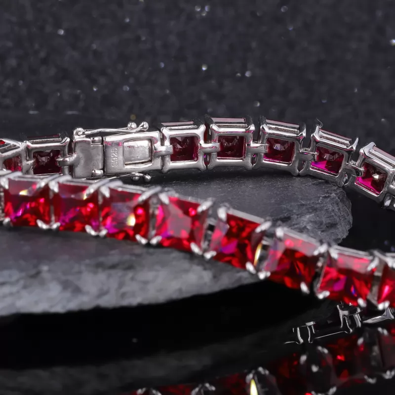 6×6mm Princess Cut Lab Grown Ruby S925 Sterling Silver Tennis Bracelet