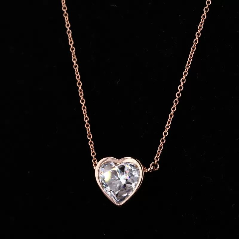 9×8.25mm Heart Cut Moissanite Bezel Set 18K Rose Gold Diamond Pendant Necklace