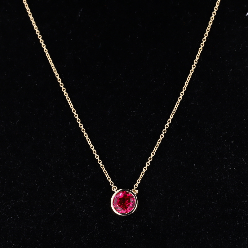 6.5mm Round Brilliant Cut Lab Grown Ruby Bezel Set 14K Yellow Gold Diamond Pendant Necklace