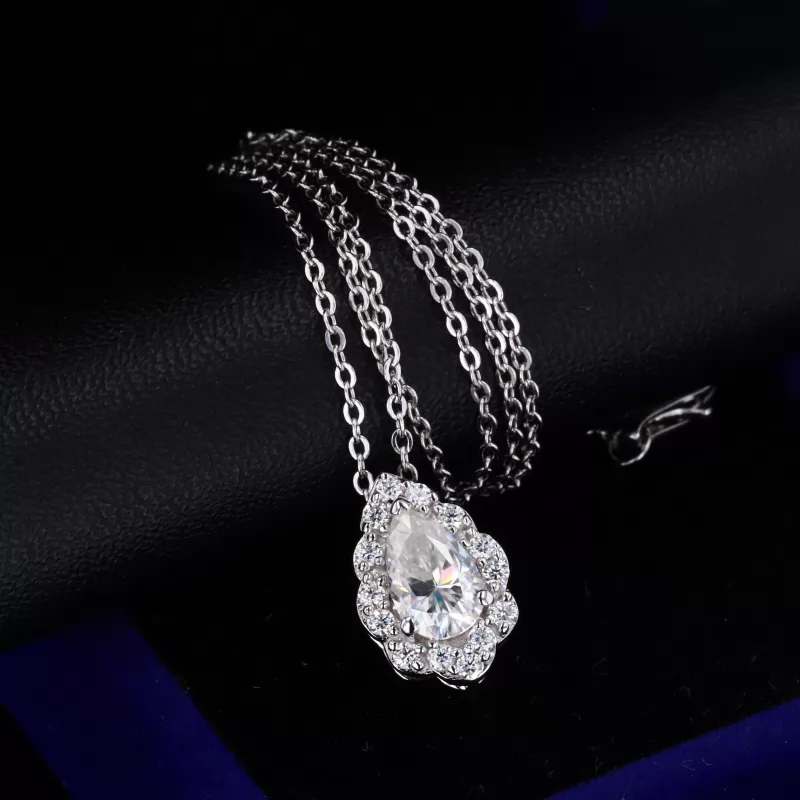 Pear Cut Moissanite Halo Set S925 Sterling Silver Diamond Pendant Necklace