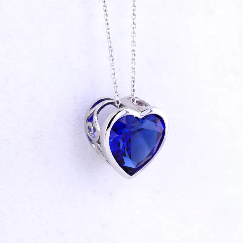 12×12mm Heart Cut Lab Grown Sapphire Bezel Set S925 Sterling Silver Diamond Pendant Necklace