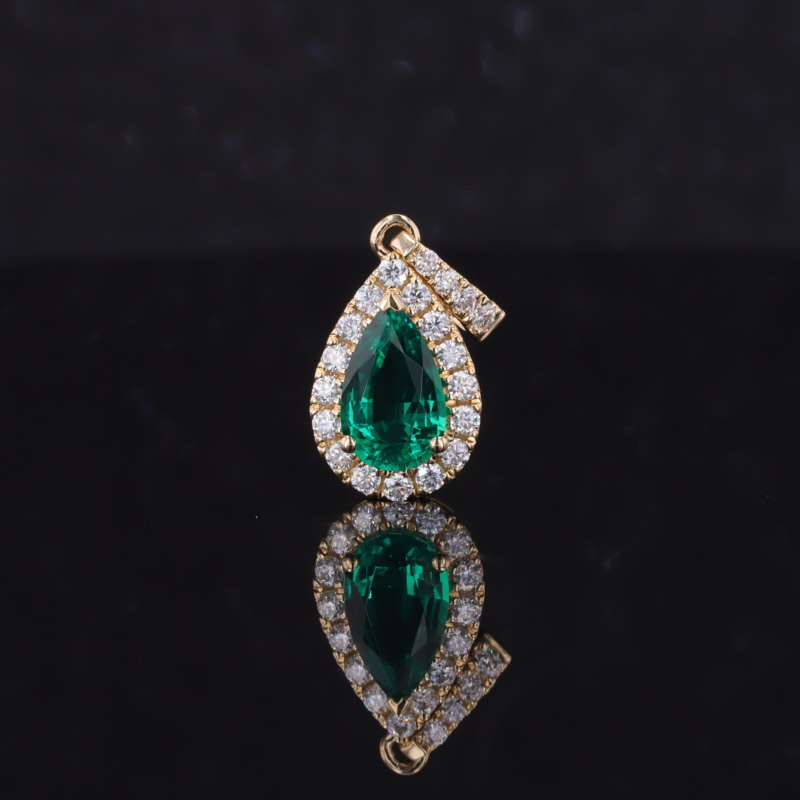 5×8mm Pear Cut Lab Grown Emerald Halo Set 14K Yellow Gold Diamond Pendant