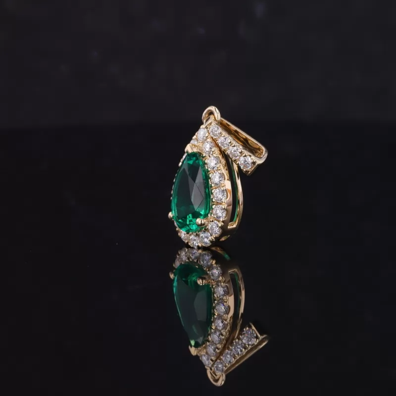 5×8mm Pear Cut Lab Grown Emerald Halo Set 14K Yellow Gold Diamond Pendant