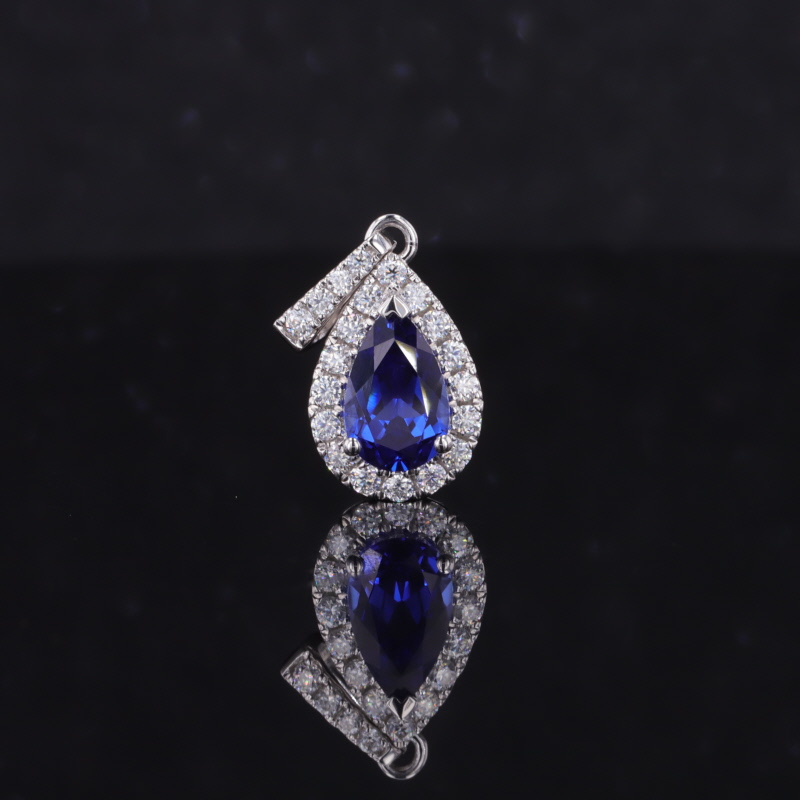 5×8mm Pear Cut Lab Grown Sapphire Halo Set 14K White Gold Diamond Pendant