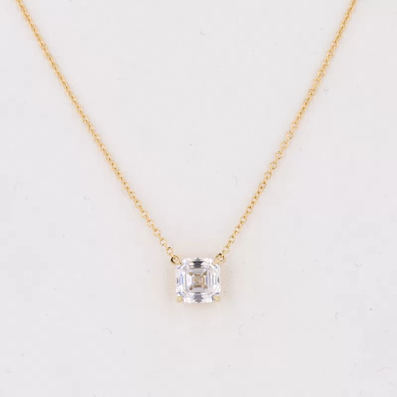 7×7mm Asscher Cut Moissanite 14K Yellow Gold Diamond Pendant Necklace