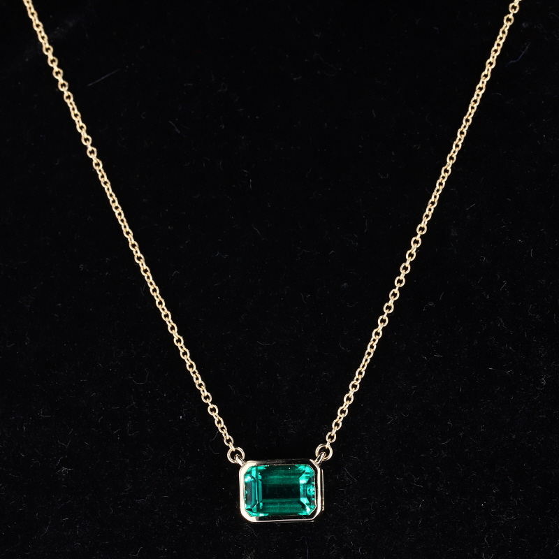 6×8mm Octagon Emerald Cut Lab Grown Emerald Bezel Set 14K Yellow Gold Diamond Pendant Necklace