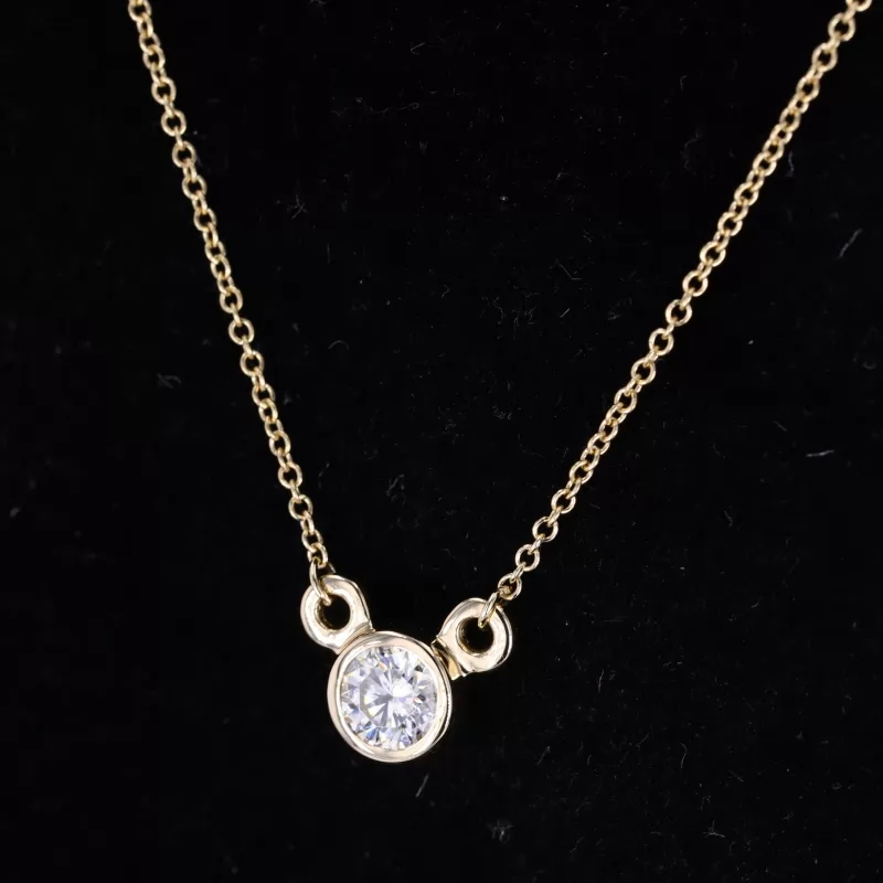 Round Brilliant Cut Moissanite Bezel Set 14K Yellow Gold Diamond Pendant Necklace