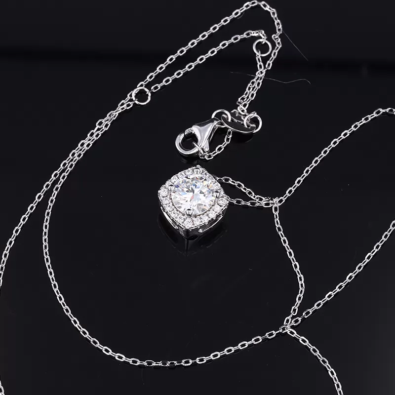 6.5mm Round Brilliant Cut Moissanite Halo Set S925 Sterling Silver Diamond Pendant Necklace