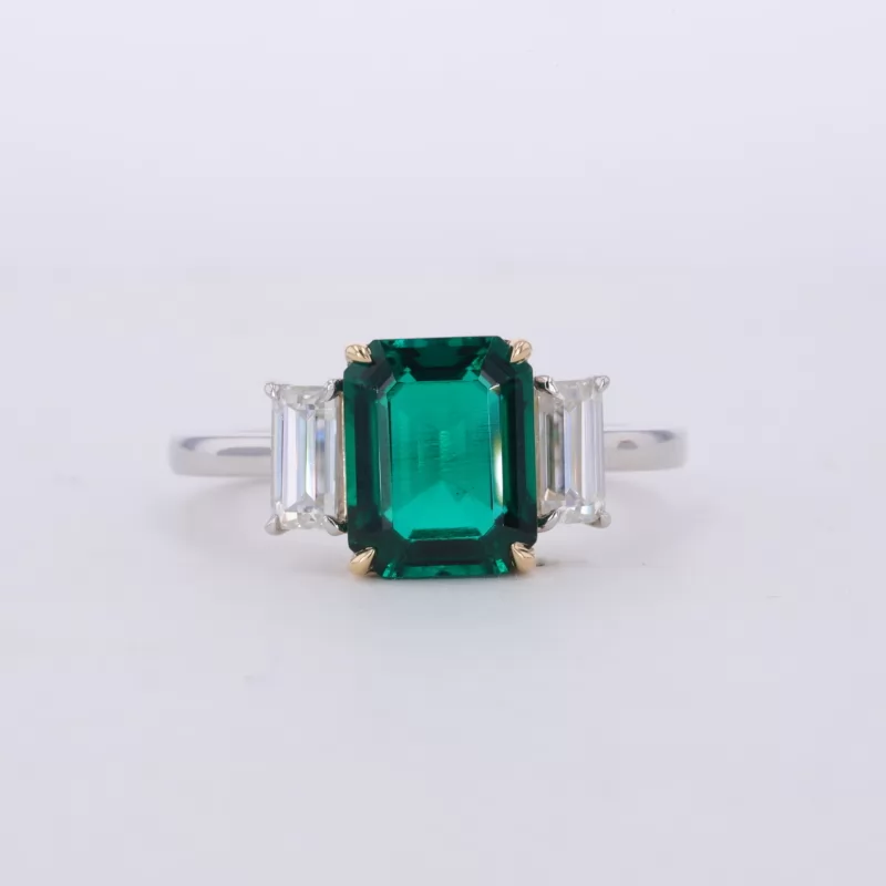 10×8mm Octagon Emerald Cut Lab Grown Emerald 14K White Gold Three Stone Engagement Ring