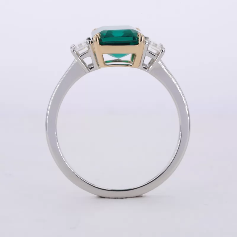 10×8mm Octagon Emerald Cut Lab Grown Emerald 14K White Gold Three Stone Engagement Ring