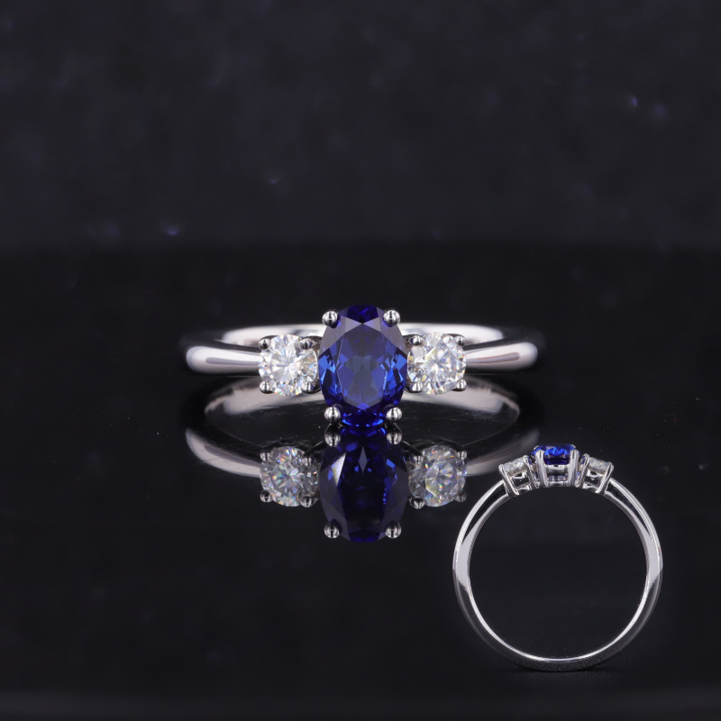 5×7mm Oval Cut Lab Grown Sapphire 14K White Gold Three Stone Engagement Ring