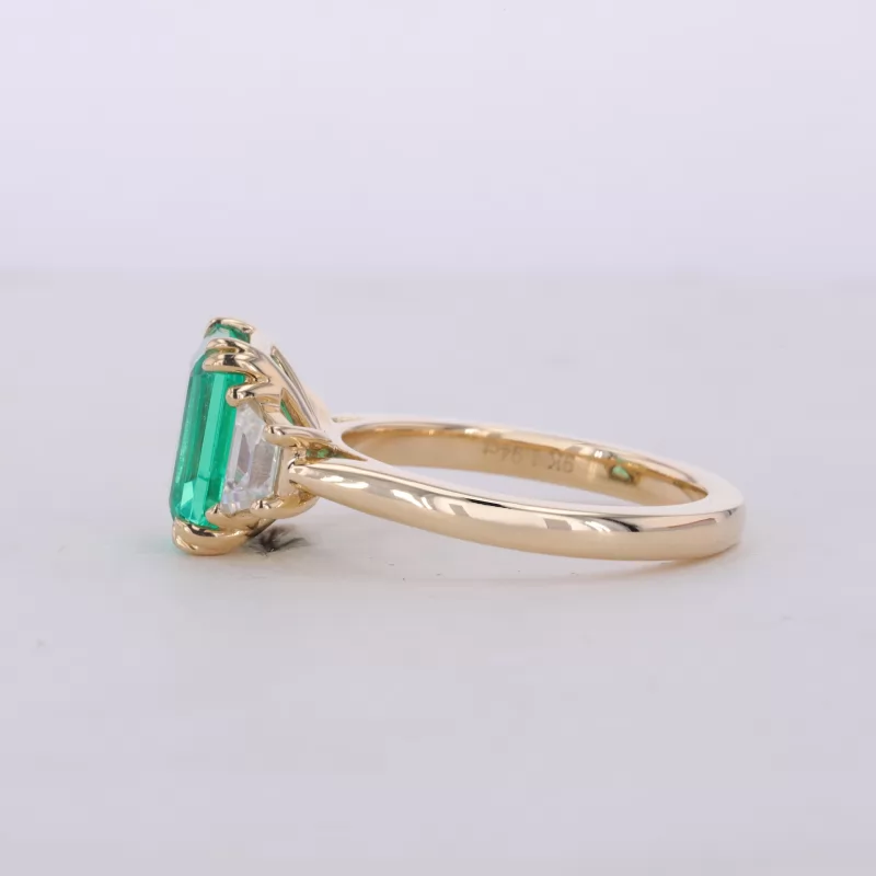 7×9mm Octagon Emerald Cut Lab Grown Emerald 9K Yellow Gold Three Stone Engagement Ring