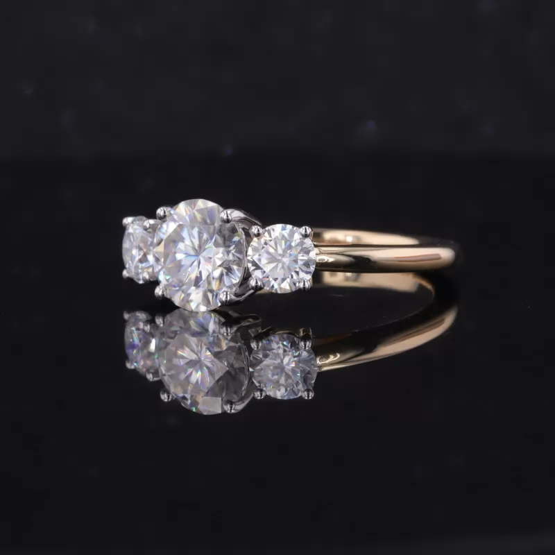 7.5mm Round Brilliant Cut Moissanite 14K Yellow Gold Three Stone Engagement Ring