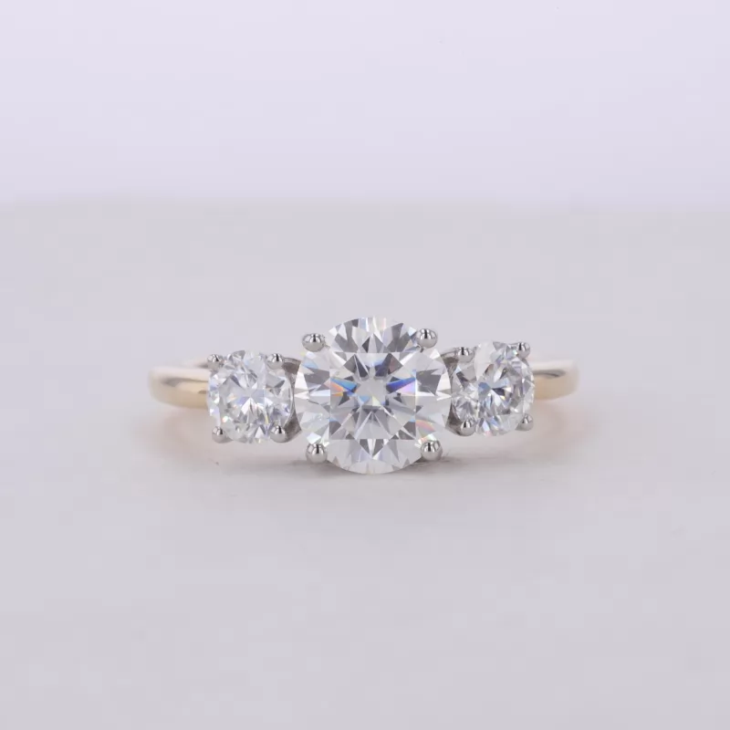 7.5mm Round Brilliant Cut Moissanite 14K Yellow Gold Three Stone Engagement Ring