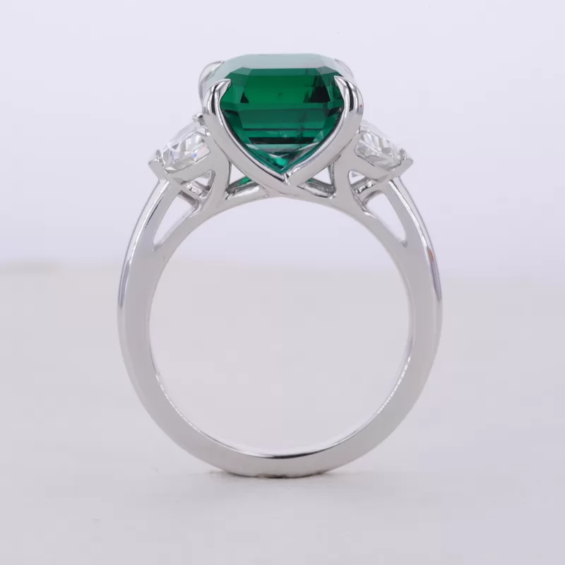 10×10mm Asscher Cut Lab Grown Emerald 14K White Gold Three Stone Engagement Ring