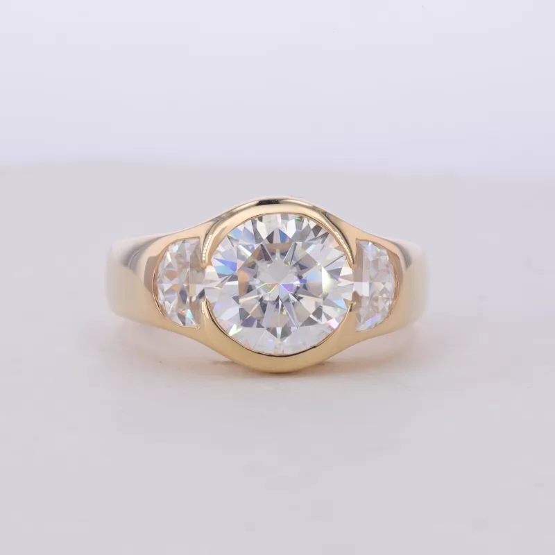 10mm Round Brilliant Cut Moissanite Bezel Set 10K Yellow Gold Three Stone Engagement Ring