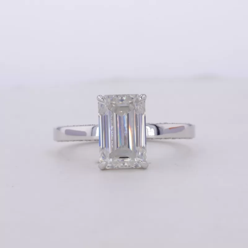 10.5×6.75mm Octagon Emerald Cut Moissanite 14K White Gold Pave Engagement Ring