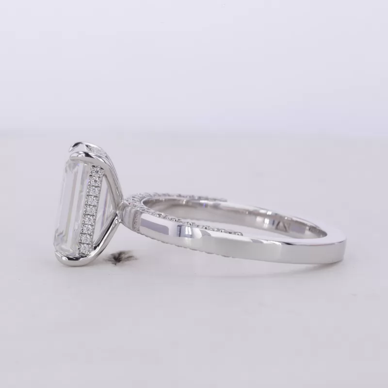 10.5×6.75mm Octagon Emerald Cut Moissanite 14K White Gold Pave Engagement Ring