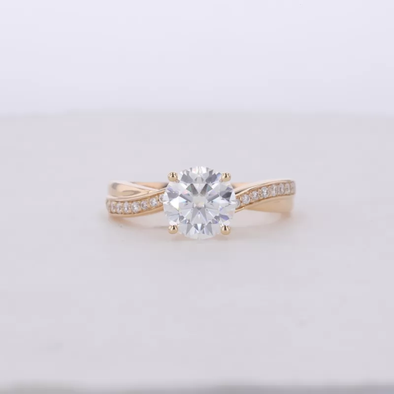 7.5mm Round Brilliant Cut Moissanite With Winding Band 14K Yellow Gold Channel Set Engagement Ring