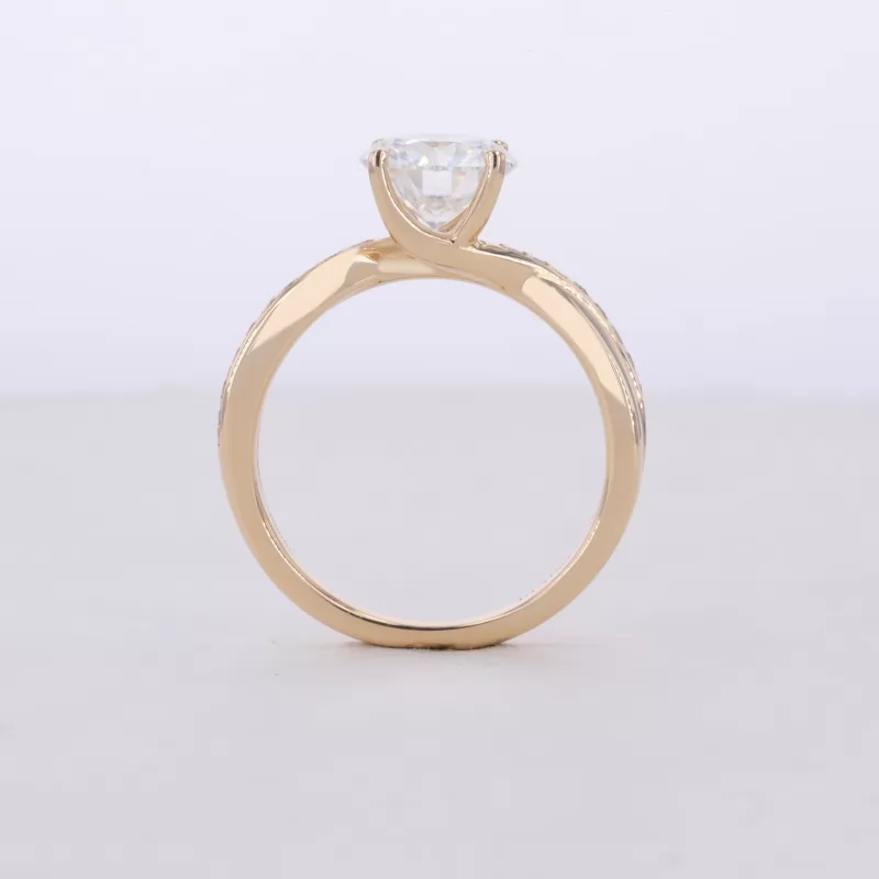 7.5mm Round Brilliant Cut Moissanite With Winding Band 14K Yellow Gold Channel Set Engagement Ring