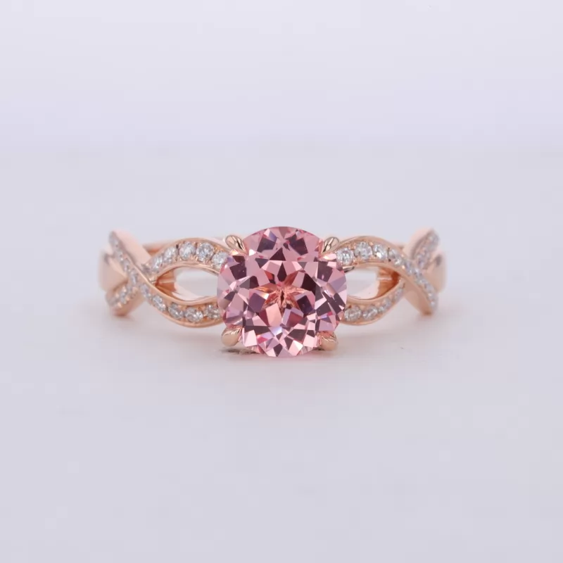 8mm Round Brilliant Cut Lab Grown Sukura Pink Sapphire With Winding Band 14K Rose Gold Channel Set Engagement Ring