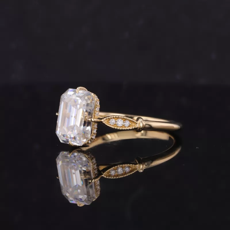 7×9mm Octagon Emerald Cut Moissanite 18K Yellow Gold Channel Set Engagement Ring