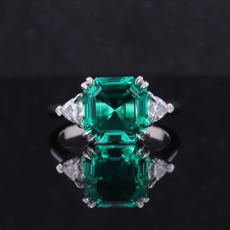 10×10mm Asscher Cut Lab Grown Emerald 14K White Gold Three Stone Engagement Ring