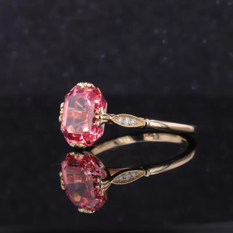 9.5×10.5mm Asscher Cut Lab Grown Padparadscha Pink Sapphire 10K Yellow Gold Channel Set Engagement Ring