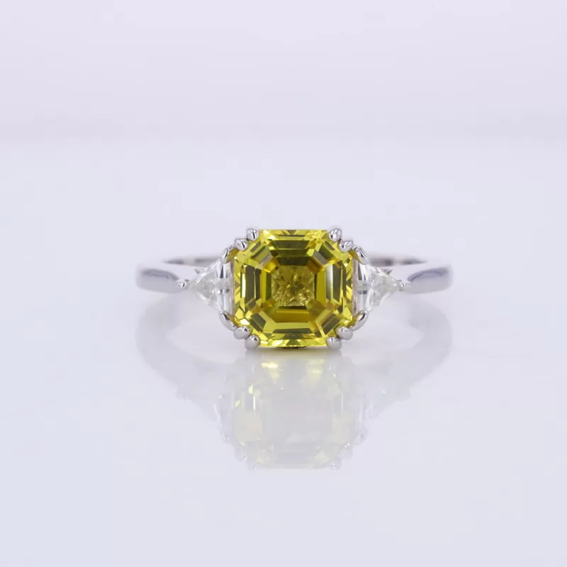 7×7mm Asscher Cut Lab Grown Yellow Sapphire 14K White Gold Three Stone Engagement Ring