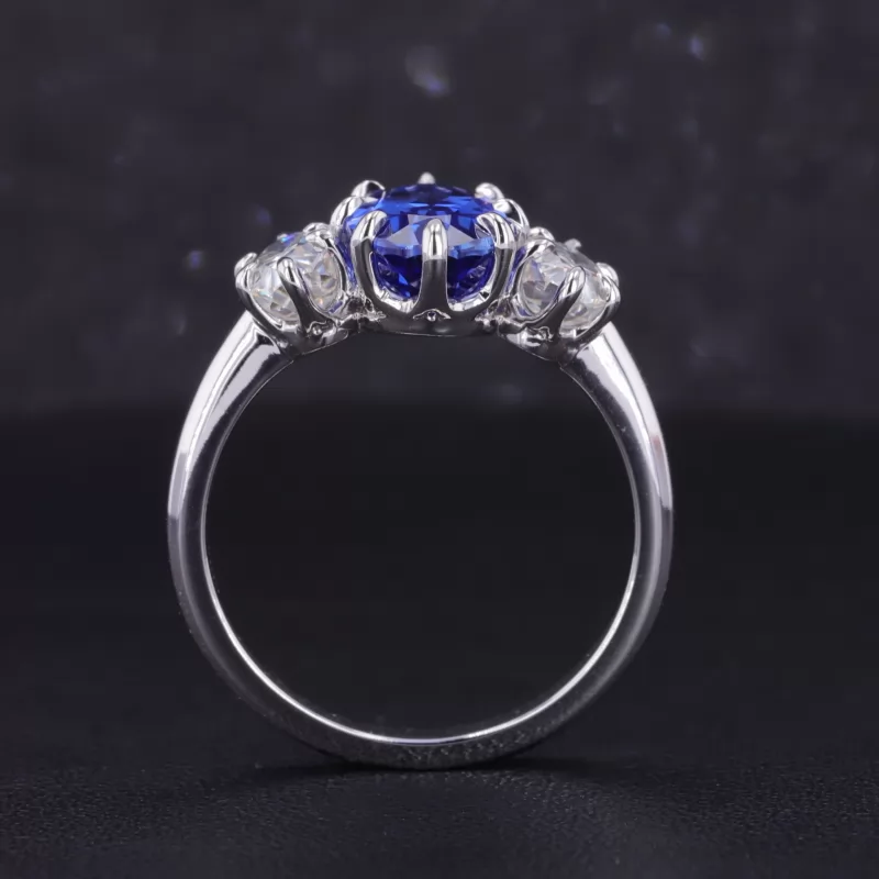 7×12mm Oval Cut Lab Grown Sapphire 14K White Gold Three Stone Engagement Ring