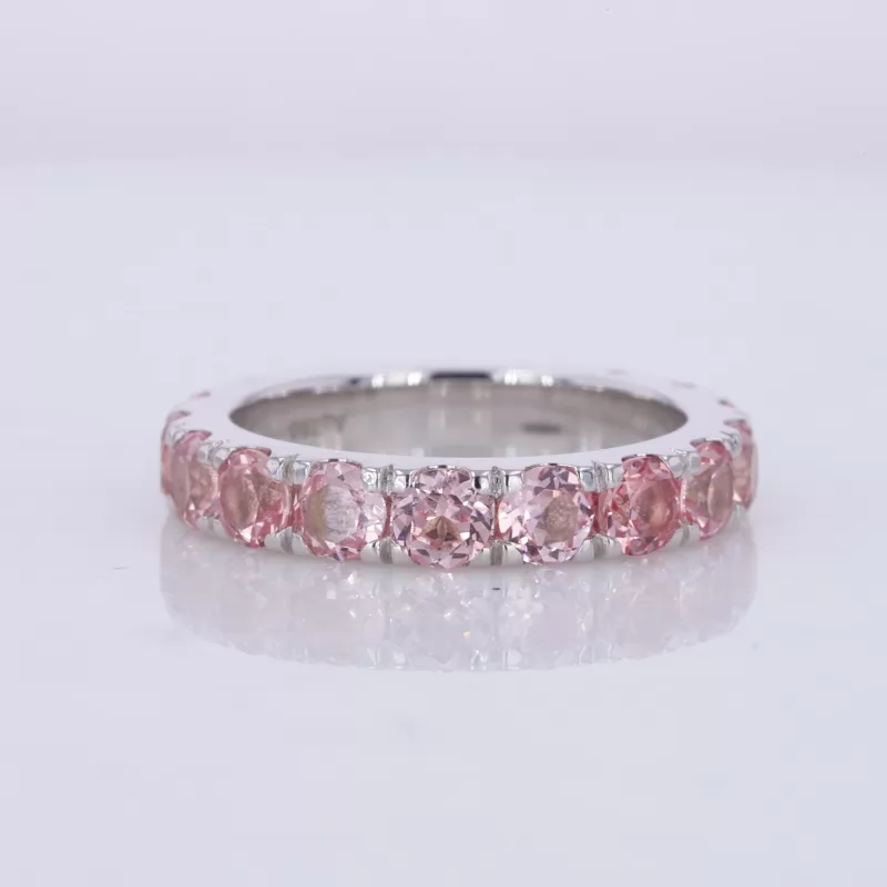 3.5mm Round Brilliant Cut Lab Grown Sukura Pink Sapphire 18K White Gold Diamond Eternity Ring