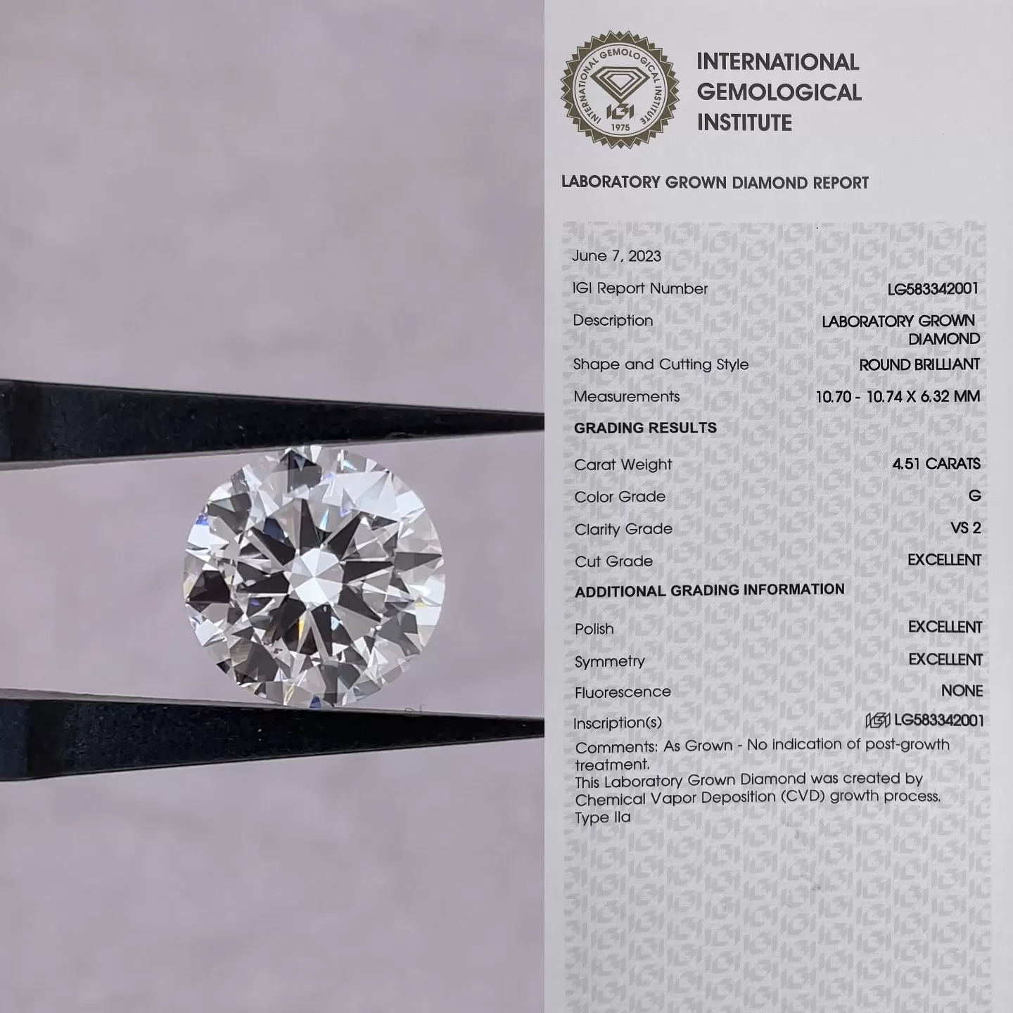 Round Brilliant Cut 4.51ct G Color CVD Lab Grown Diamond