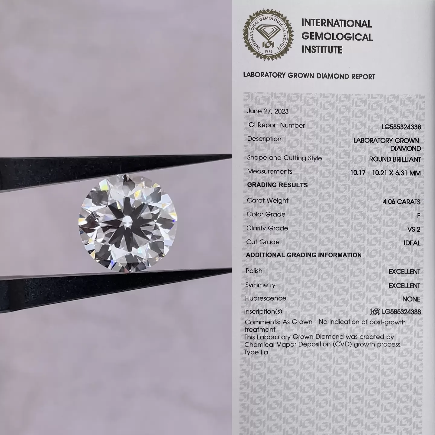 Round Brilliant Cut 4.06ct F Color CVD Lab Grown Diamond