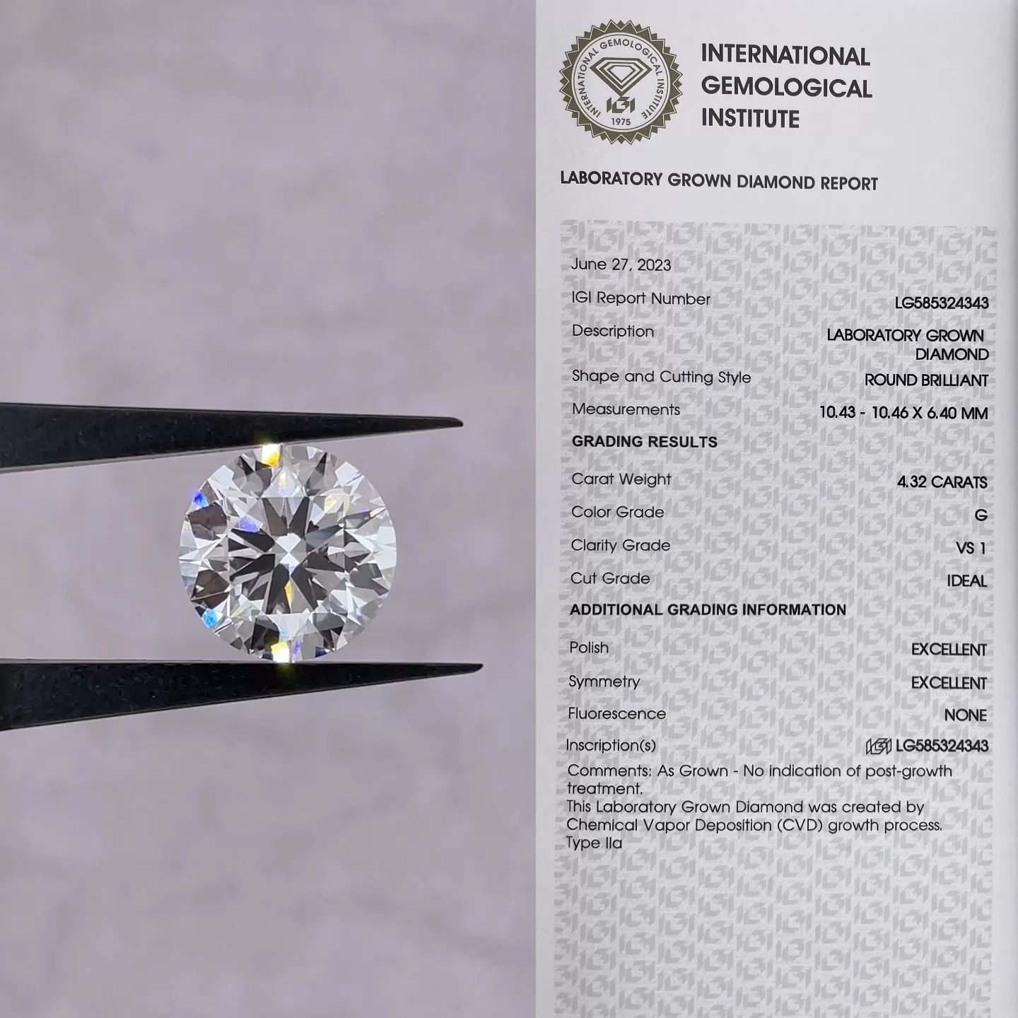 Round Brilliant Cut 4.32ct G Color CVD Lab Grown Diamond