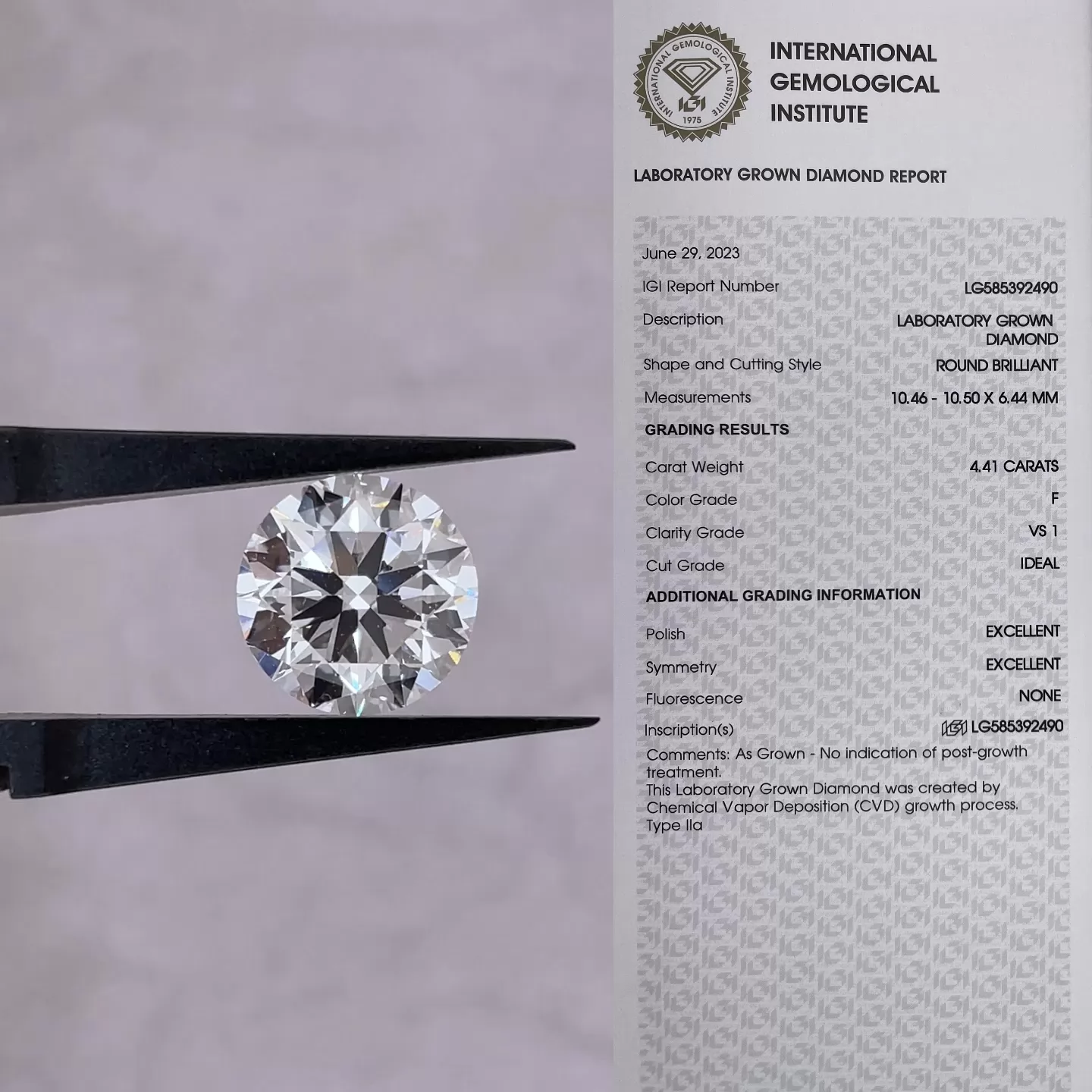 Round Brilliant Cut 4.41ct F Color CVD Lab Grown Diamond