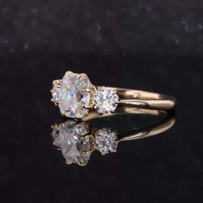 6×7mm Cushion Cut Moissanite 10K Yellow Gold Three Stone Engagement Ring