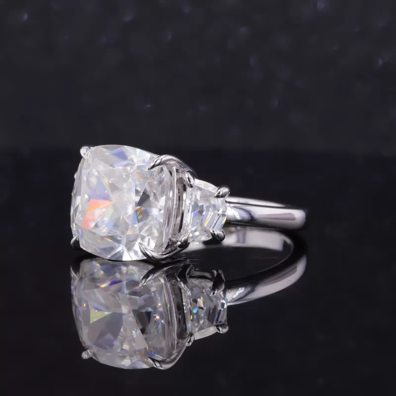 11×11mm Cushion Shape Crushed Ice Cut Moissanite 10K White Gold Three Stone Engagement Ring