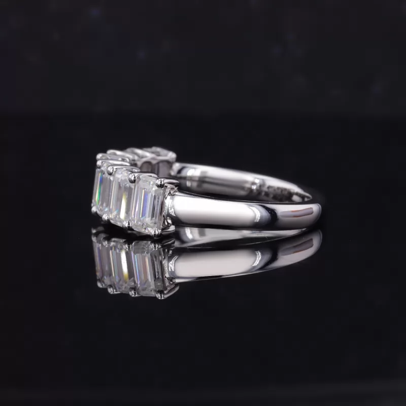 3×5mm Octagon Emerald Cut Moissanite 10K White Gold Seven Stone Diamond Ring