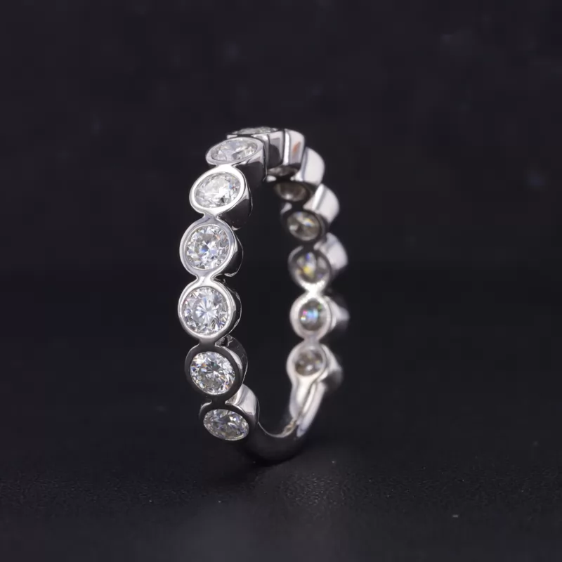 3mm Round Brilliant Cut Moissanite Bezel Set 10K White Gold Thirteen Stone Diamond Ring